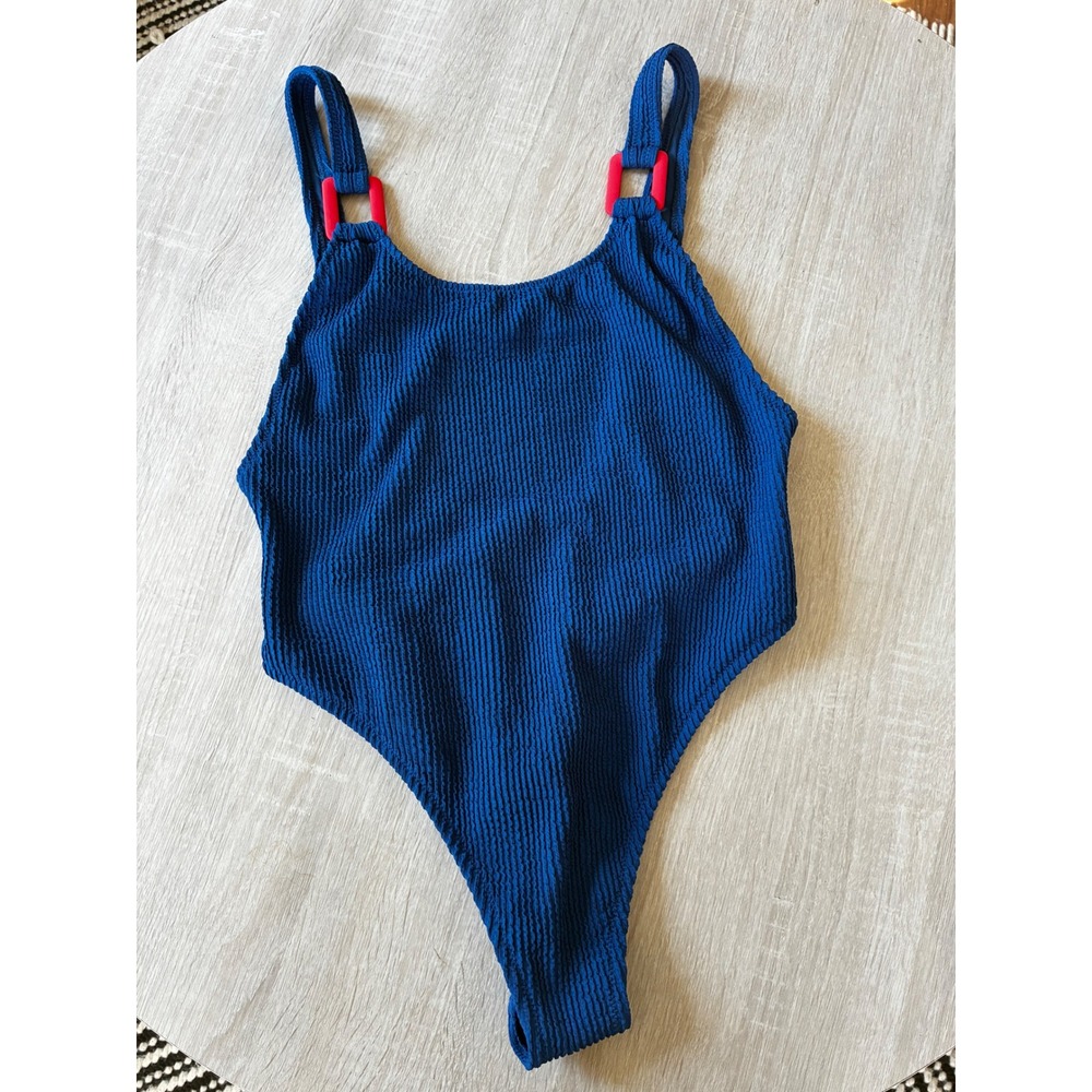 Aerie Real Good Blue Crinkle One Piece Cheekiest Swimsuit Red Ring Detail L